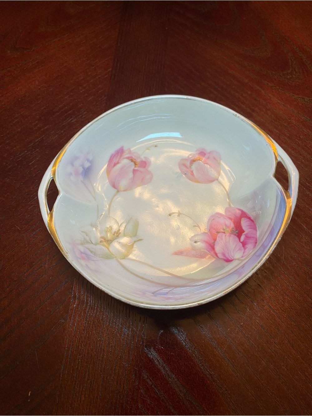 Prov. Sxe E.S. Germany Floral Porcelain handled serving bowl gold trim